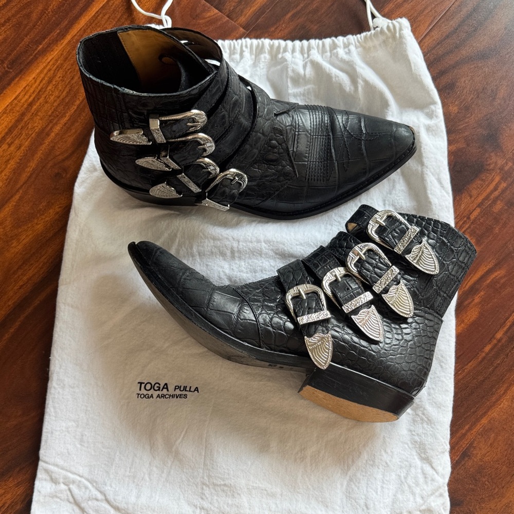 TOGA Pulla Black Embossed Boots with Silver Buckles